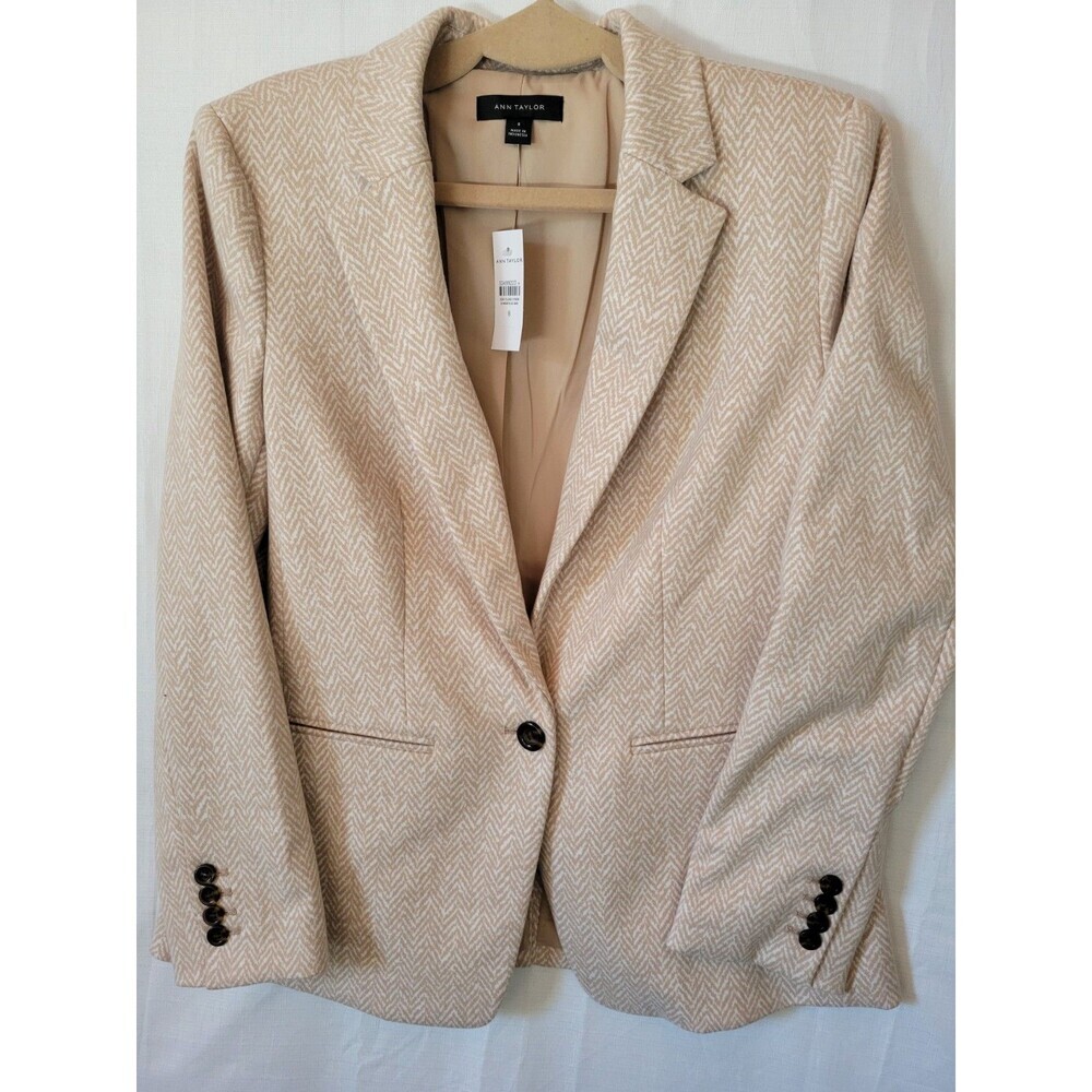 Ann Taylor Women's Blazer  Jacket  Herringbone  Tailored Cream Size 8
